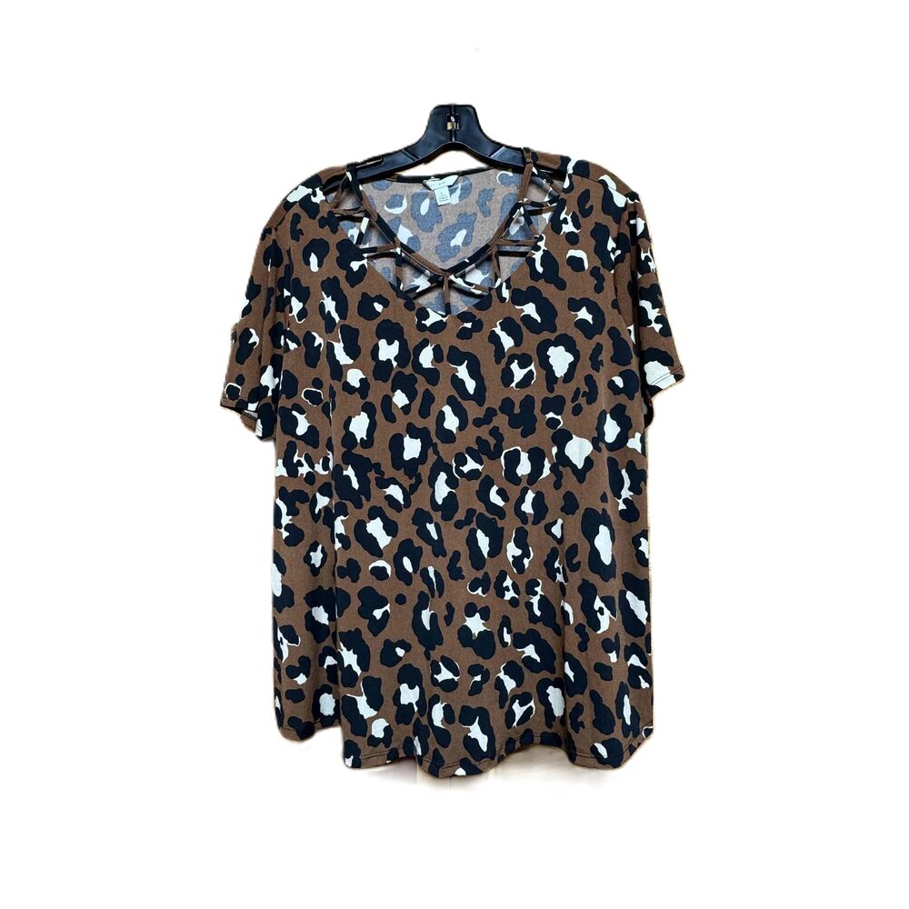 Womens Leopard Print V Neck Short Sleeve Tunic Blouse T Shirt Large